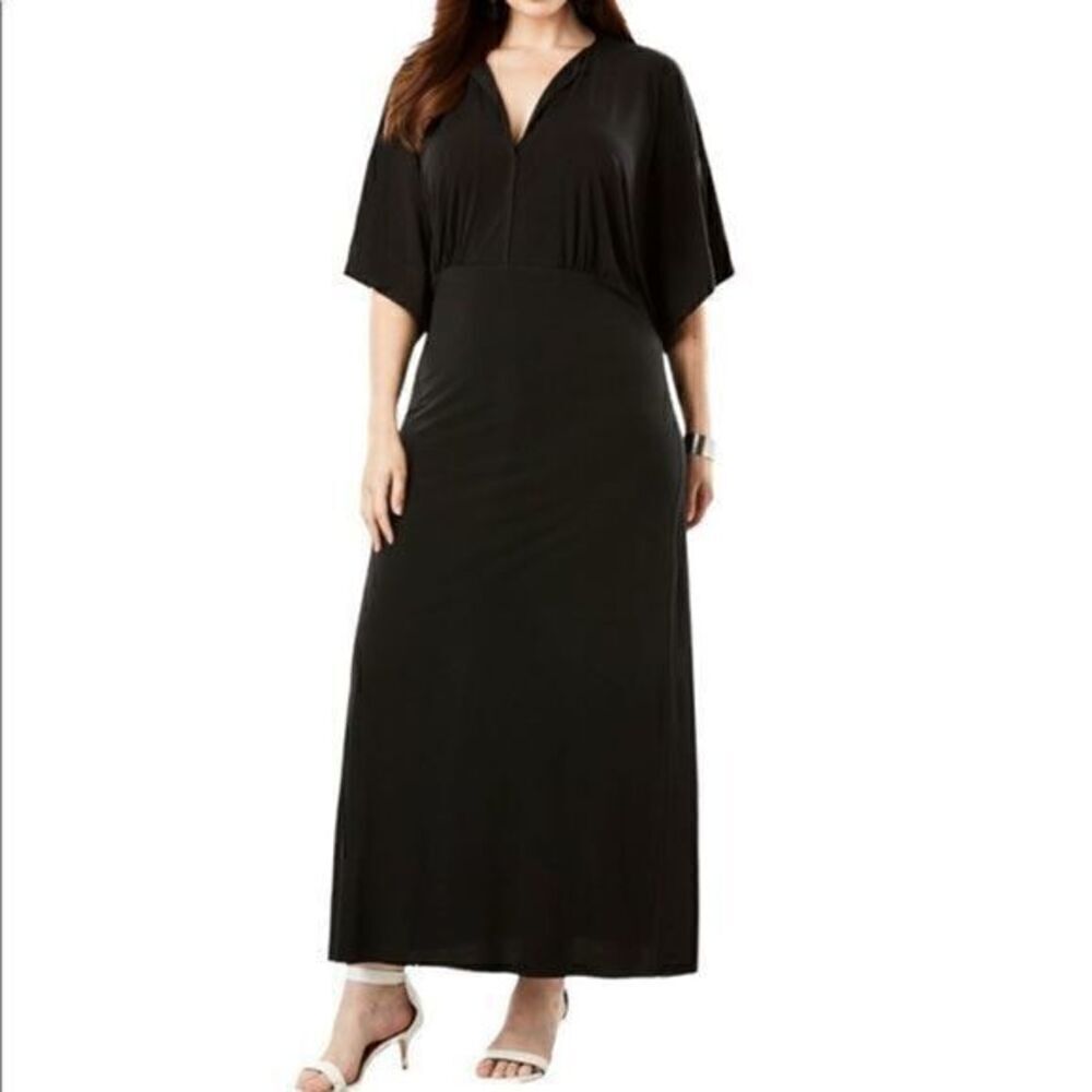 Roamans Black V-Neck Maxi Dress Flutter Sleeve Size 12